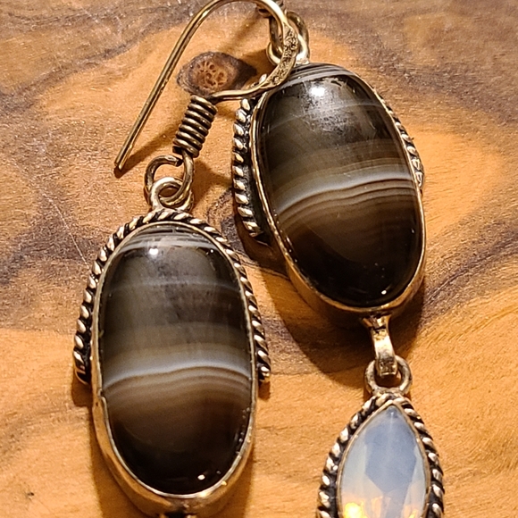 Gemstone silver earrings Botswana agate and opalite - Picture 3 of 7